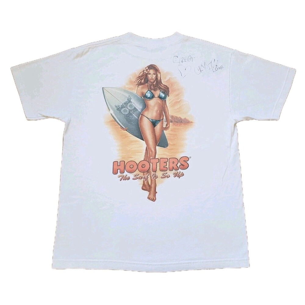 Vintage Y2K Hooters The Surf Is So Up Sz Medium Mens White Double Side T-Shirt